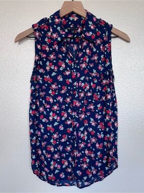 Gap Navy Floral Sleeveless Button Front Blouse Women’s M Summer Top